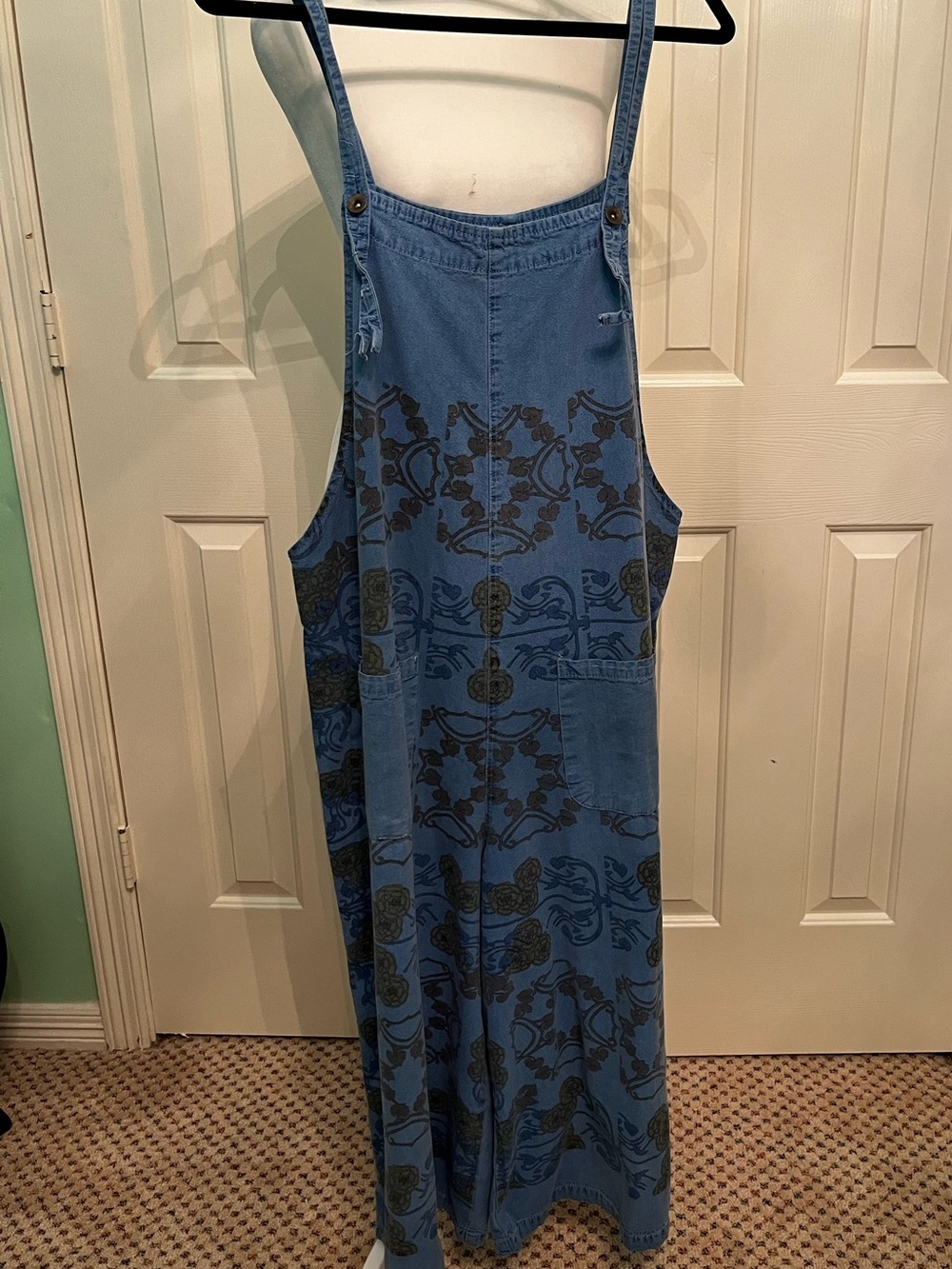 Blue Printed Denim Overall Jumpsuit with Adjustable Straps